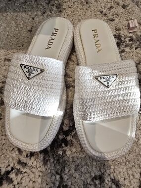 Prada White Raffia Slide Sandals